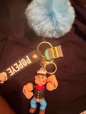 Blue Pom-Pom Keychain with Character Charm